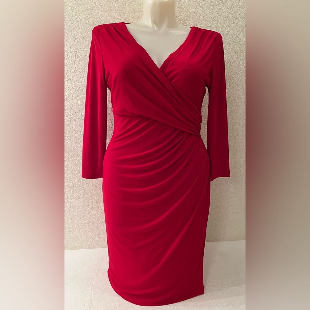 Ralph Lauren Dress 16 Ruched Surplice Wrap V-Neck Front 3/4 Sleeve Knit Jersey